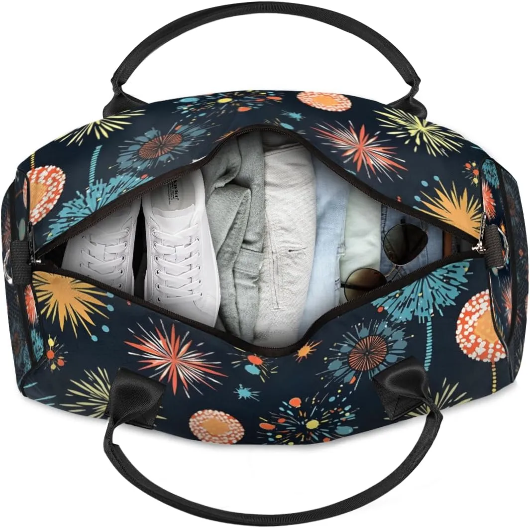 Personalized Colorful Fireworks Travel Duffel Bag with Name, Custom Gym Sport Bag 4th of July Carry On Weekend Overnight Duffel Bag for Men Women
