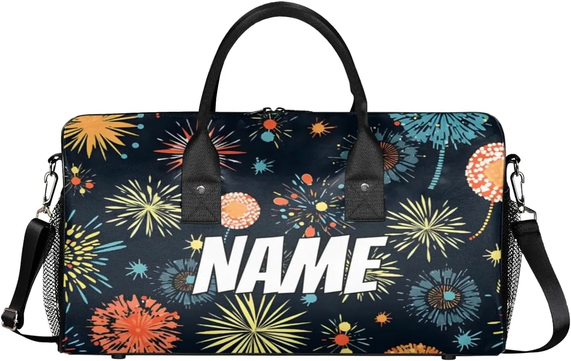 Personalized Colorful Fireworks Travel Duffel Bag with Name, Custom Gym Sport Bag 4th of July Carry On Weekend Overnight Duffel Bag for Men Women