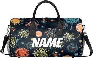 Personalized Colorful Fireworks Travel Duffel Bag with Name, Custom Gym Sport Bag 4th of July Carry On Weekend Overnight Duffel Bag for Men Women