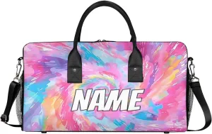 Personalized Colorful Tie Dye Travel Duffel Bag with Name, Custom Gym Sport Bag Rainbow Carry On Weekend Overnight Duffel Bag for Men Women