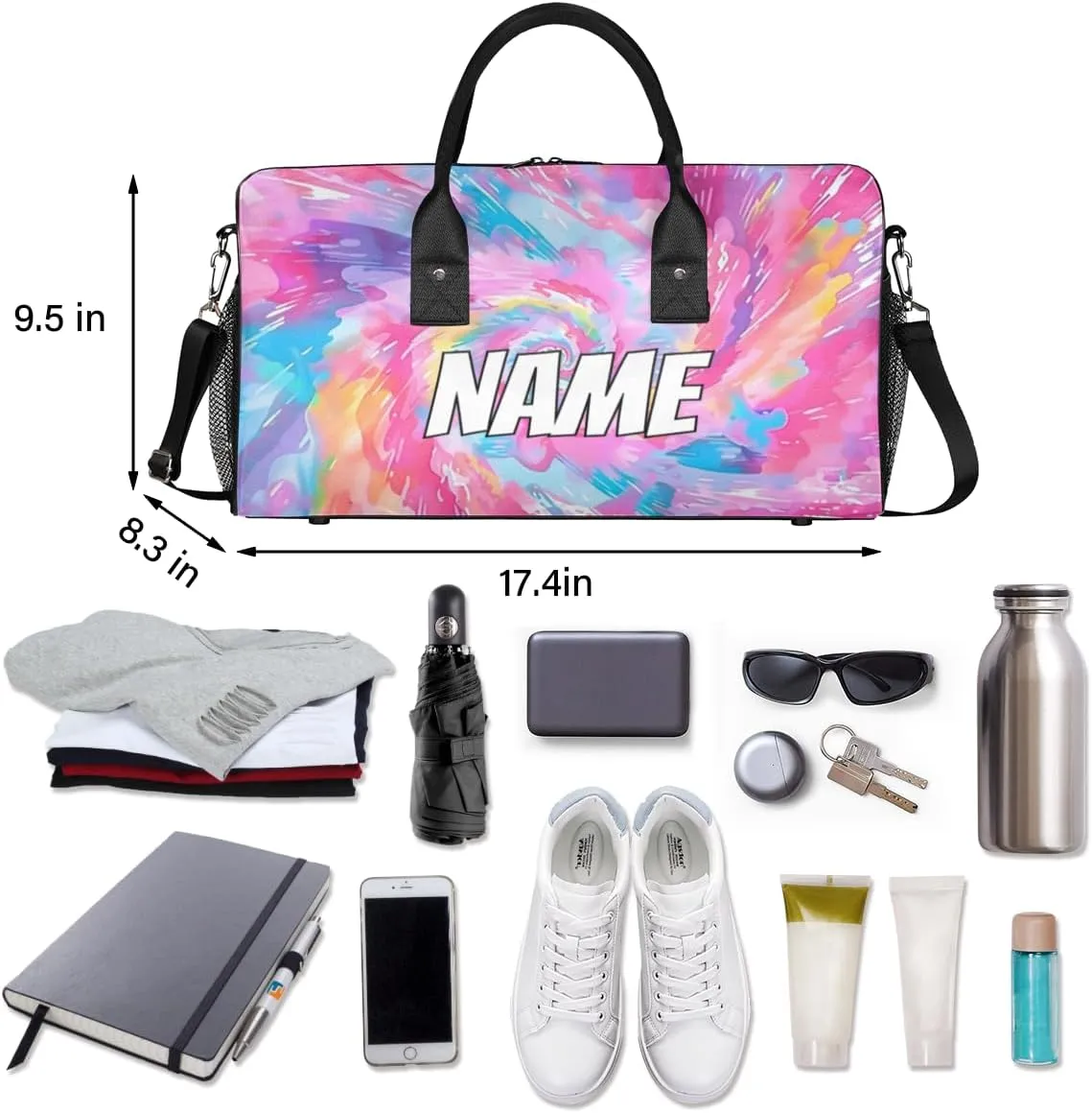 Personalized Colorful Tie Dye Travel Duffel Bag with Name, Custom Gym Sport Bag Rainbow Carry On Weekend Overnight Duffel Bag for Men Women