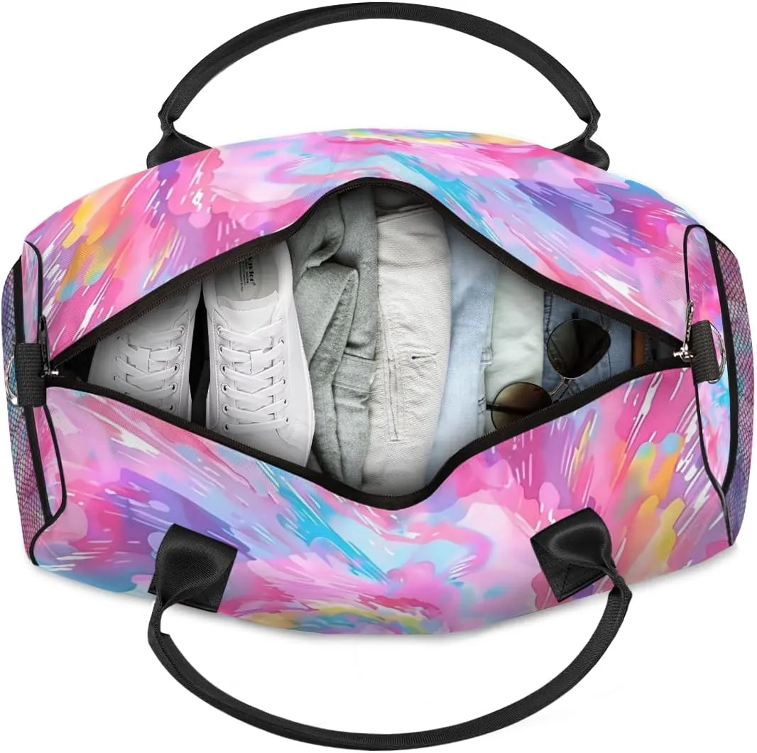 Personalized Colorful Tie Dye Travel Duffel Bag with Name, Custom Gym Sport Bag Rainbow Carry On Weekend Overnight Duffel Bag for Men Women