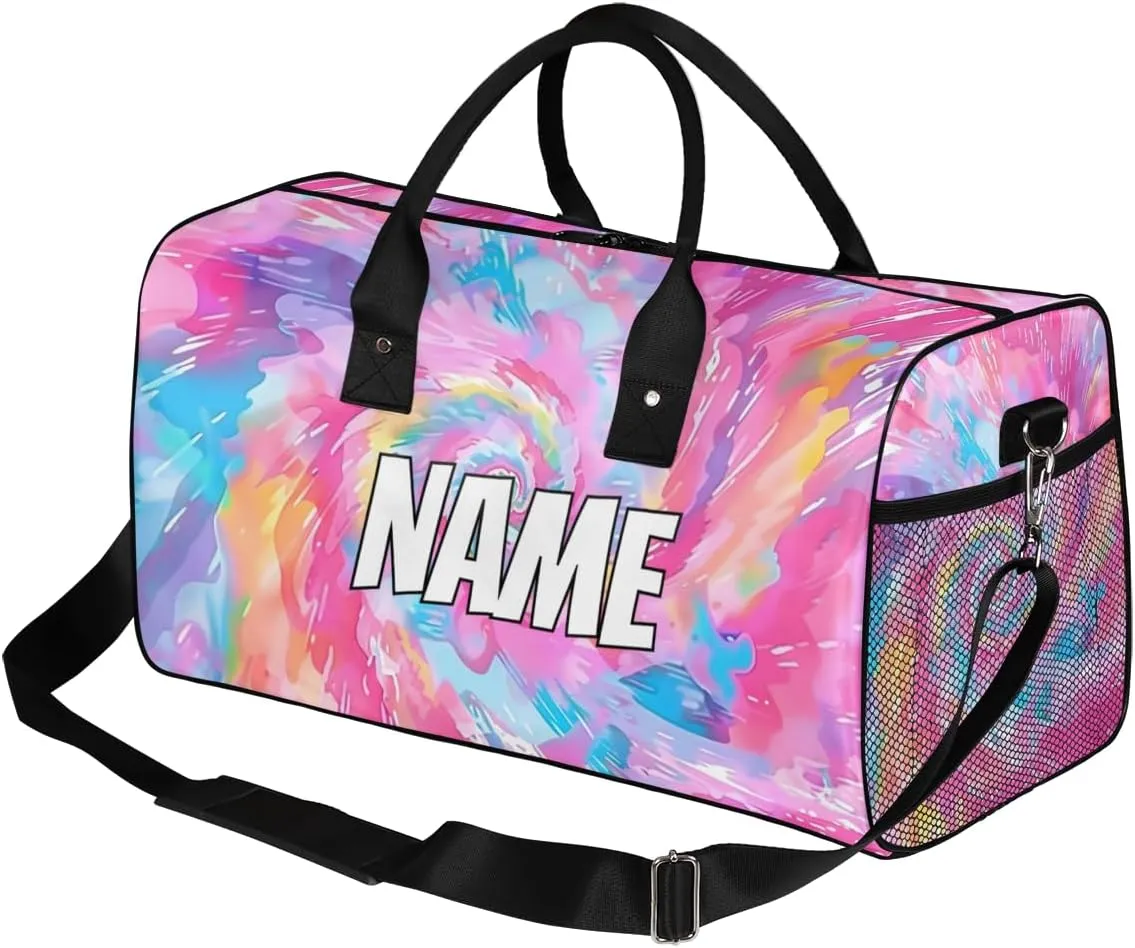 Personalized Colorful Tie Dye Travel Duffel Bag with Name, Custom Gym Sport Bag Rainbow Carry On Weekend Overnight Duffel Bag for Men Women
