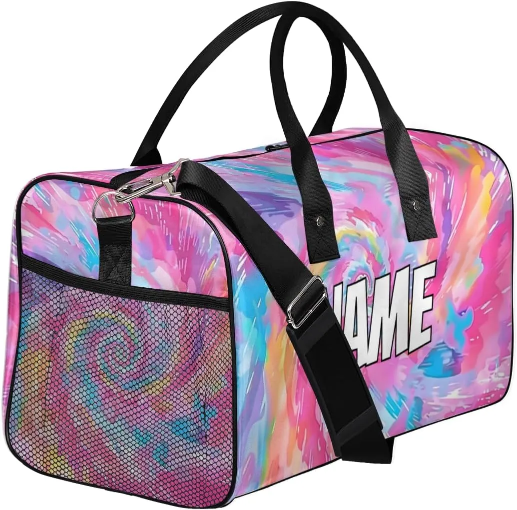Personalized Colorful Tie Dye Travel Duffel Bag with Name, Custom Gym Sport Bag Rainbow Carry On Weekend Overnight Duffel Bag for Men Women
