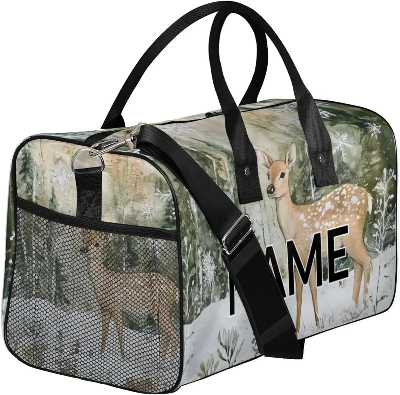 Personalized Cute Deer Travel Duffel Bag with Name, Custom Gym Sport Bag Forest Elk Carry On Weekend Overnight Duffel Bag for Men Women