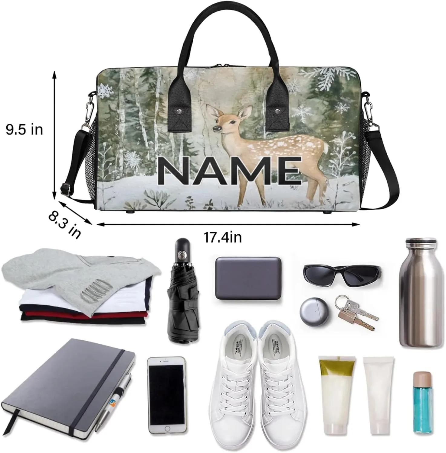 Personalized Cute Deer Travel Duffel Bag with Name, Custom Gym Sport Bag Forest Elk Carry On Weekend Overnight Duffel Bag for Men Women
