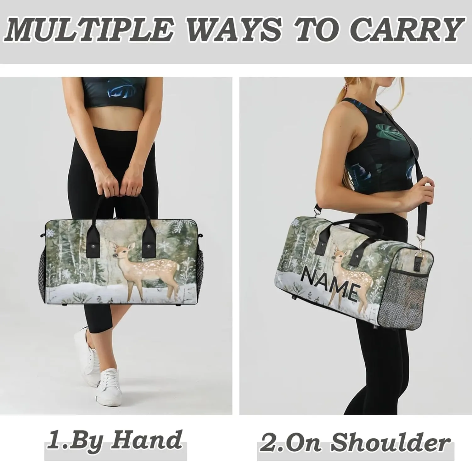 Personalized Cute Deer Travel Duffel Bag with Name, Custom Gym Sport Bag Forest Elk Carry On Weekend Overnight Duffel Bag for Men Women