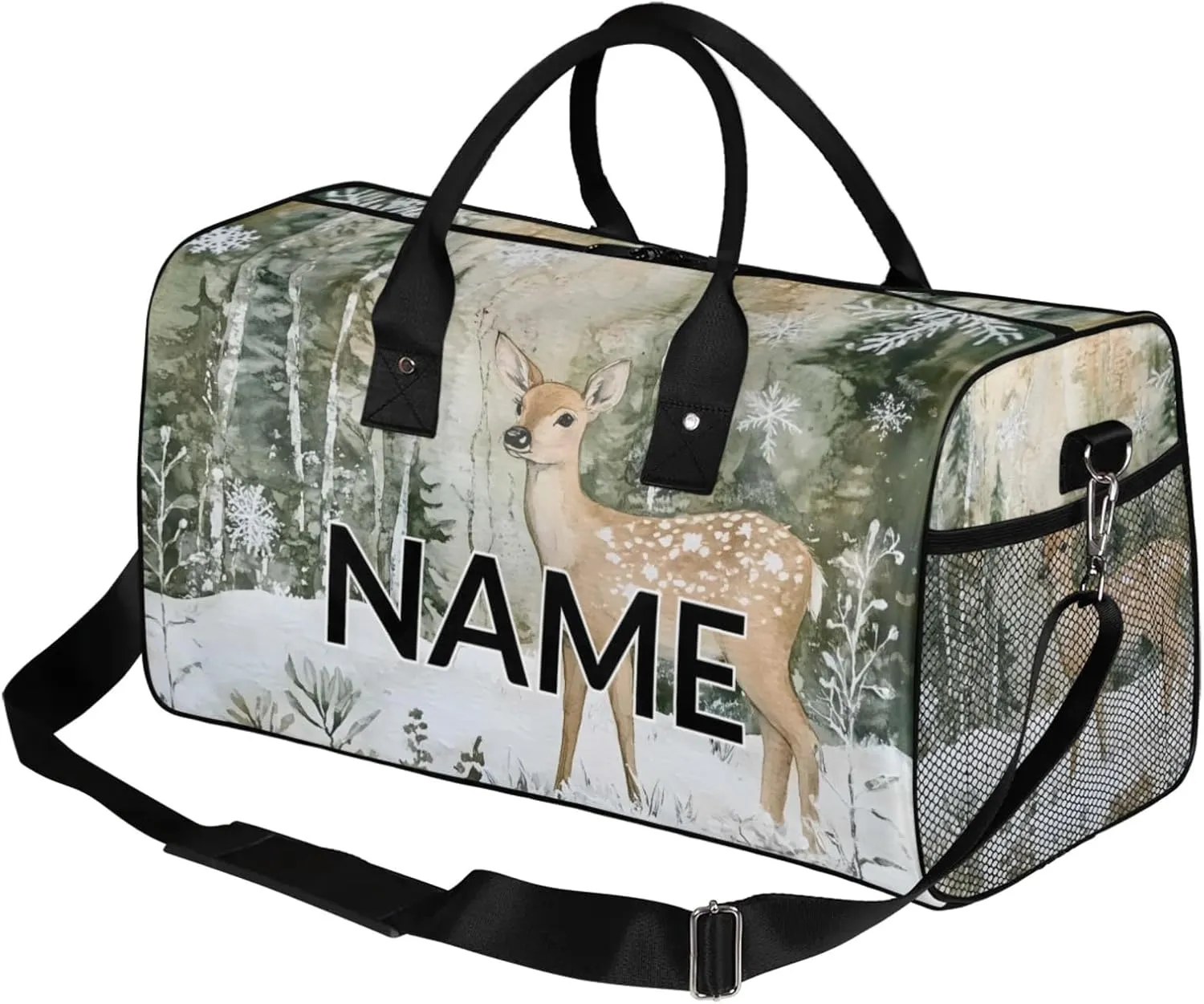 Personalized Cute Deer Travel Duffel Bag with Name, Custom Gym Sport Bag Forest Elk Carry On Weekend Overnight Duffel Bag for Men Women