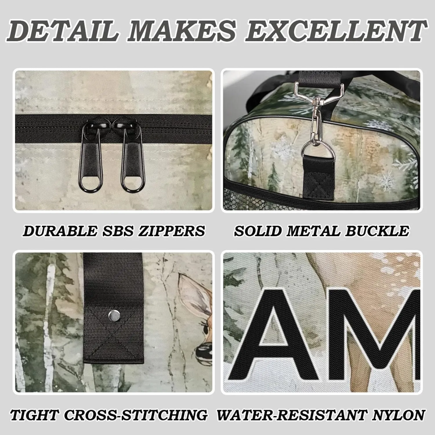 Personalized Cute Deer Travel Duffel Bag with Name, Custom Gym Sport Bag Forest Elk Carry On Weekend Overnight Duffel Bag for Men Women