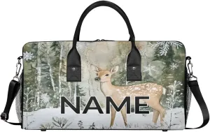 Personalized Cute Deer Travel Duffel Bag with Name, Custom Gym Sport Bag Forest Elk Carry On Weekend Overnight Duffel Bag for Men Women