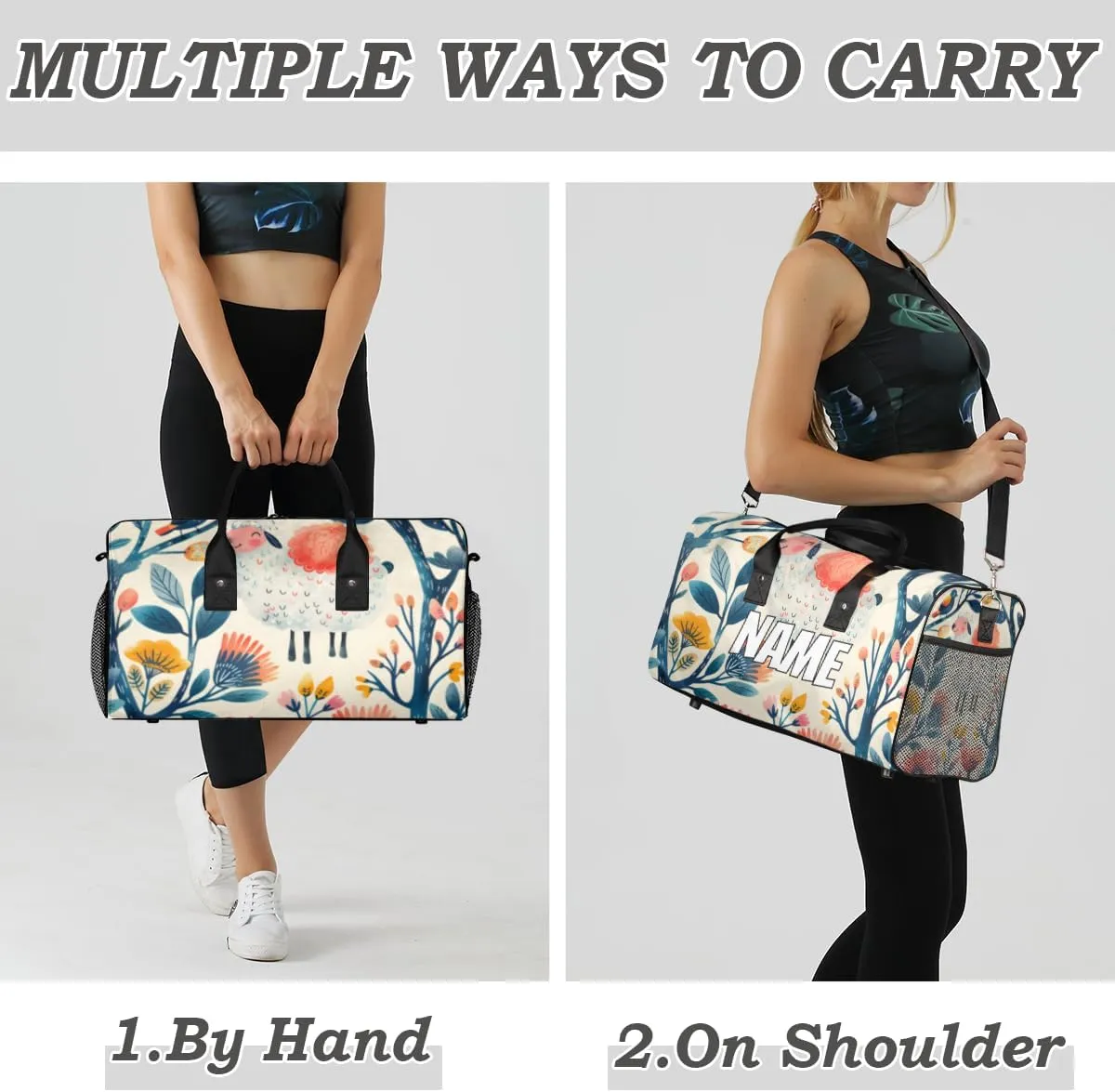 Personalized Cute Sheep Travel Duffel Bag with Name, Custom Gym Sport Bag Retro Abstract Carry On Weekend Overnight Duffel Bag for Men Women