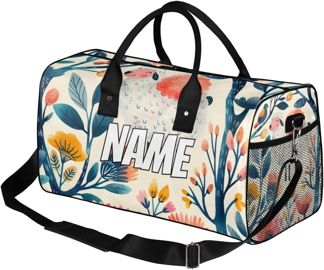 Personalized Cute Sheep Travel Duffel Bag with Name, Custom Gym Sport Bag Retro Abstract Carry On Weekend Overnight Duffel Bag for Men Women