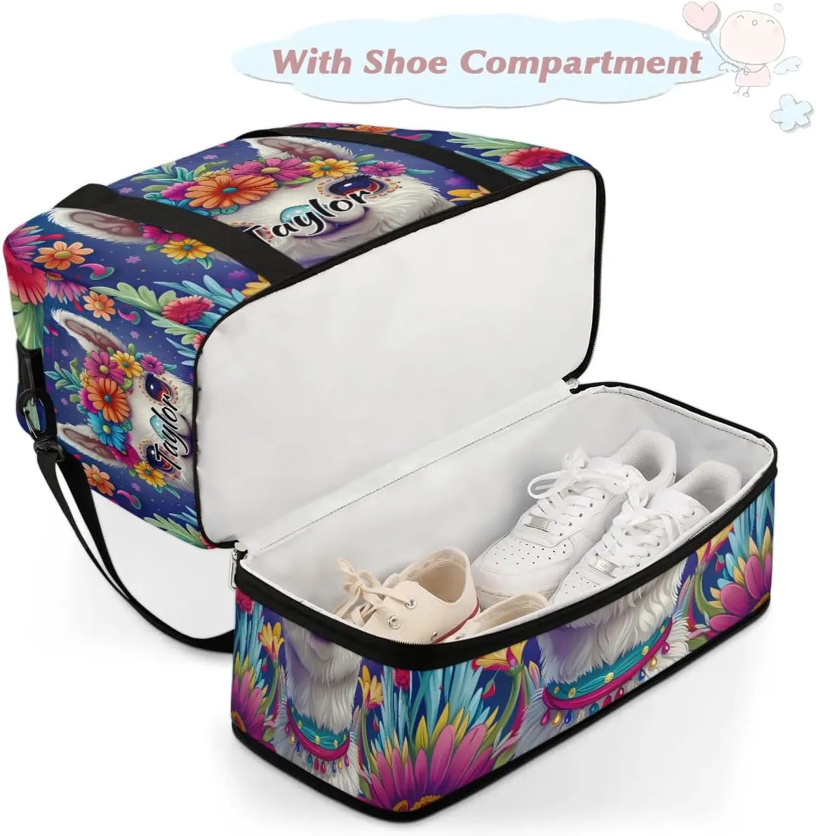 Personalized Duffel Bag with Name, Custom Llama Alpaca Travel Sports Gym Yoga Beach Bag Customized Weekender Overnight Bag with Shoes Compartment for Women, Mexican Alpaca Floal