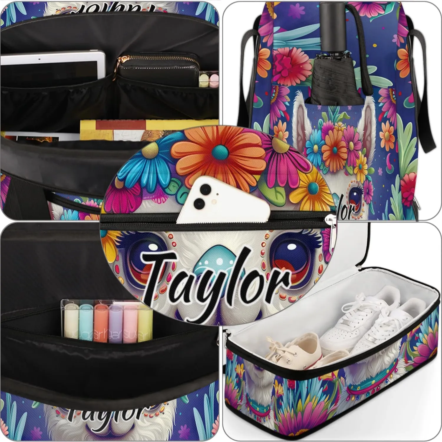 Personalized Duffel Bag with Name, Custom Llama Alpaca Travel Sports Gym Yoga Beach Bag Customized Weekender Overnight Bag with Shoes Compartment for Women, Mexican Alpaca Floal