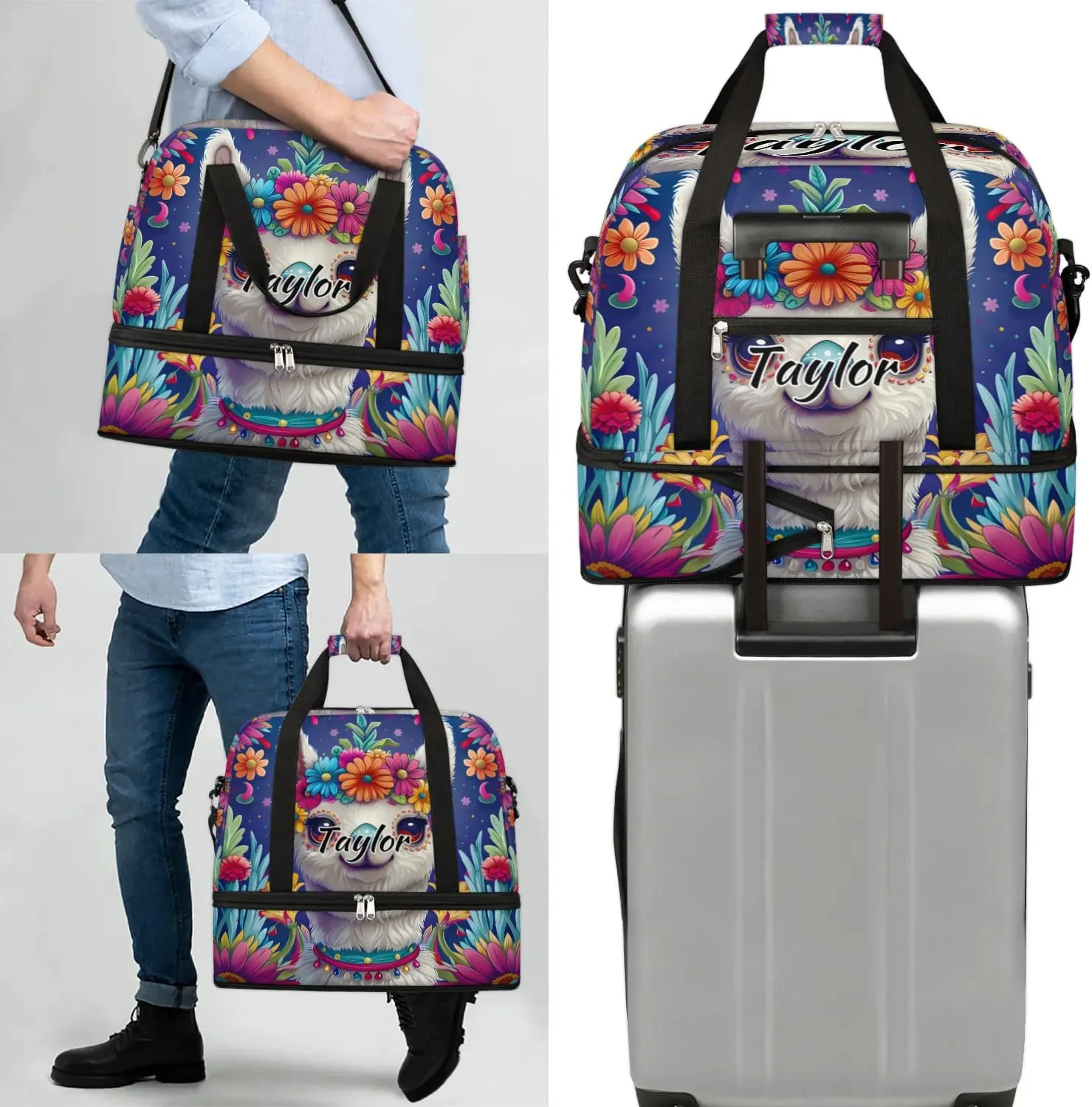 Personalized Duffel Bag with Name, Custom Llama Alpaca Travel Sports Gym Yoga Beach Bag Customized Weekender Overnight Bag with Shoes Compartment for Women, Mexican Alpaca Floal