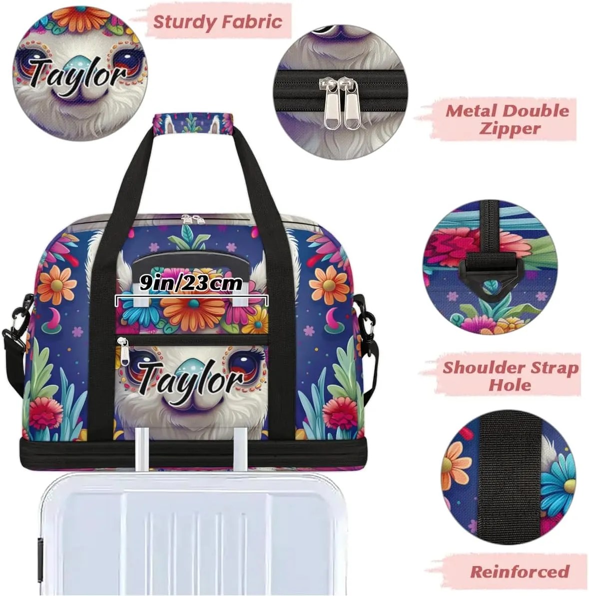 Personalized Duffel Bag with Name, Custom Llama Alpaca Travel Sports Gym Yoga Beach Bag Customized Weekender Overnight Bag with Shoes Compartment for Women, Mexican Alpaca Floal