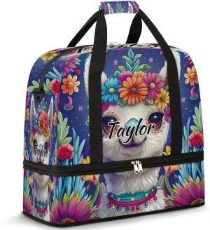 Personalized Duffel Bag with Name, Custom Llama Alpaca Travel Sports Gym Yoga Beach Bag Customized Weekender Overnight Bag with Shoes Compartment for Women, Mexican Alpaca Floal