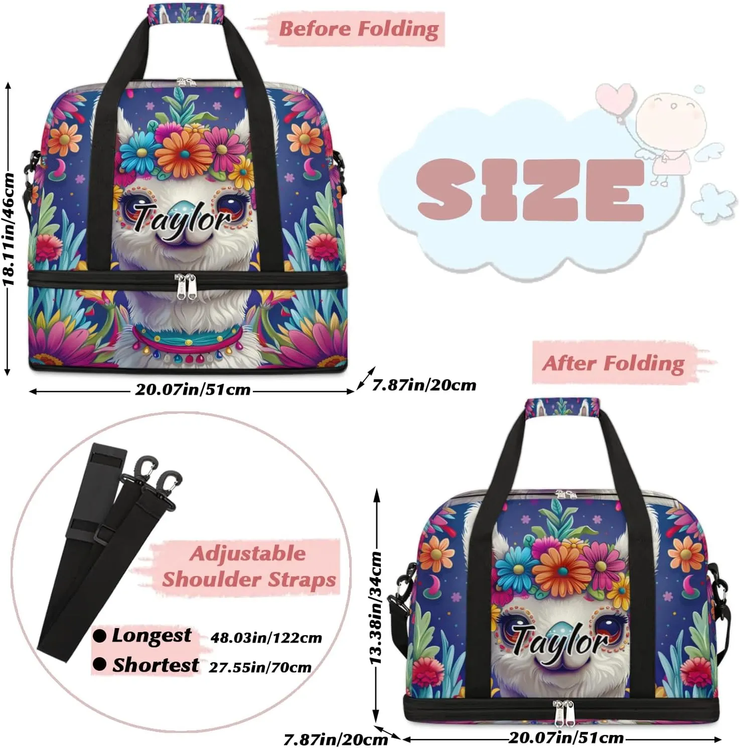 Personalized Duffel Bag with Name, Custom Llama Alpaca Travel Sports Gym Yoga Beach Bag Customized Weekender Overnight Bag with Shoes Compartment for Women, Mexican Alpaca Floal