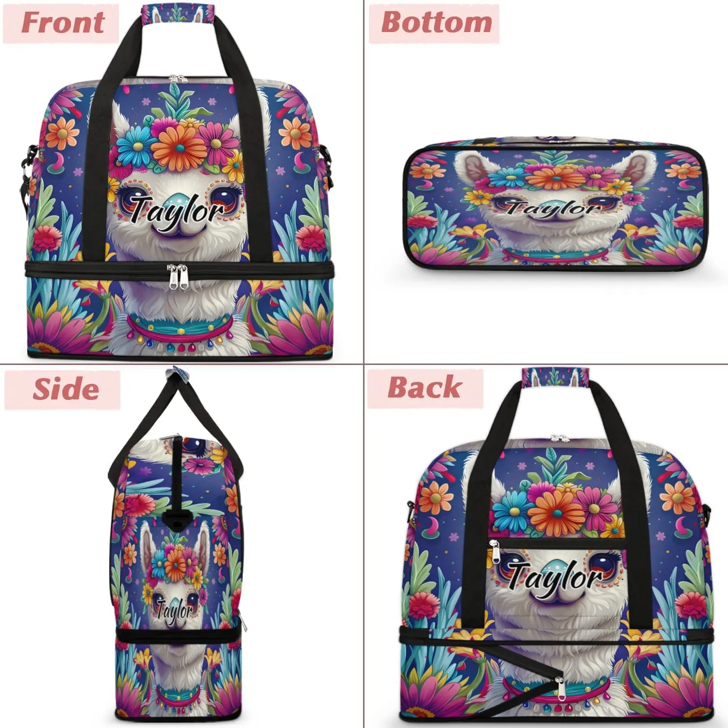 Personalized Duffel Bag with Name, Custom Llama Alpaca Travel Sports Gym Yoga Beach Bag Customized Weekender Overnight Bag with Shoes Compartment for Women, Mexican Alpaca Floal