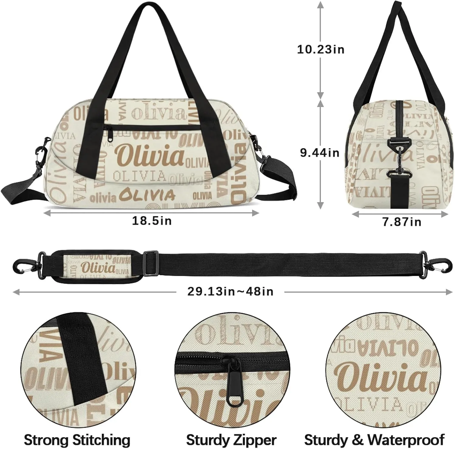 Personalized Duffel Bag with Name Custom Travel Sports Bag for Women Men Waterproof Dance Ballet Bag Lightweight 18.5in, Beige