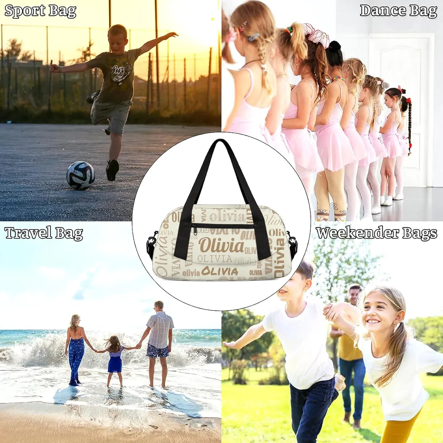 Personalized Duffel Bag with Name Custom Travel Sports Bag for Women Men Waterproof Dance Ballet Bag Lightweight 18.5in, Beige