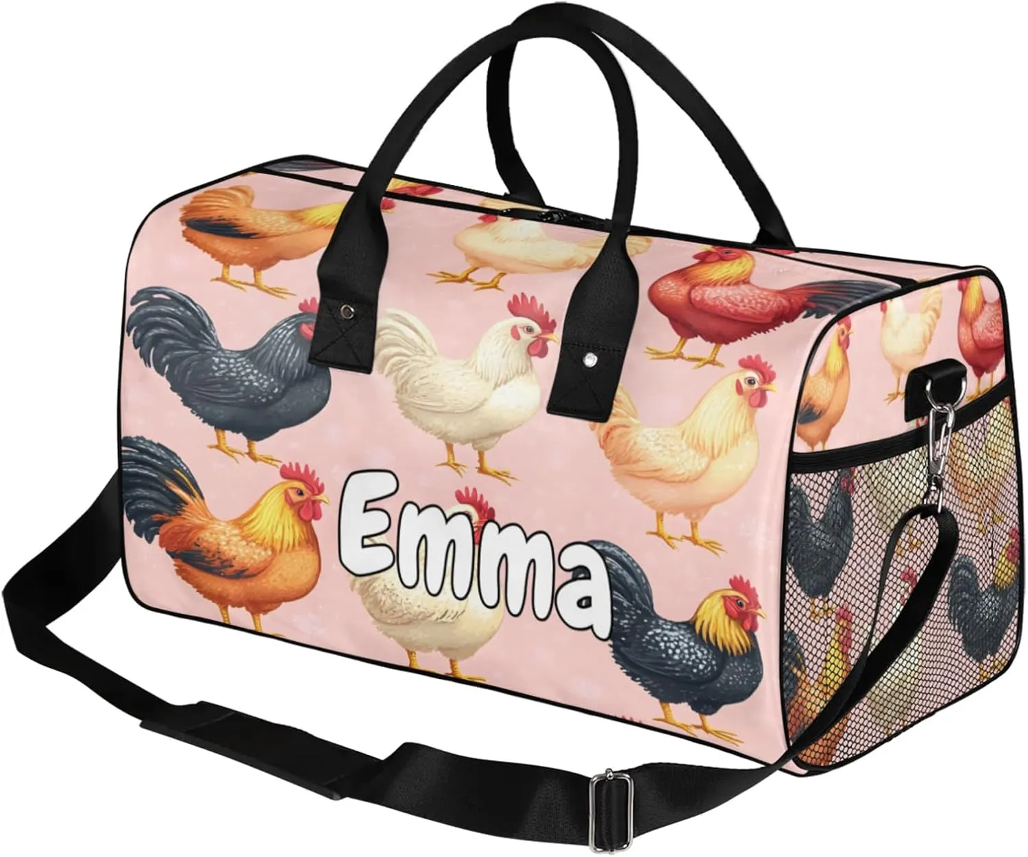 Personalized Farm Chicken Travel Duffel Bag with Name, Custom Gym Sport Bag Farmhouse Animal Carry On Weekend Overnight Duffel Bag for Men Women