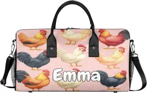 Personalized Farm Chicken Travel Duffel Bag with Name, Custom Gym Sport Bag Farmhouse Animal Carry On Weekend Overnight Duffel Bag for Men Women