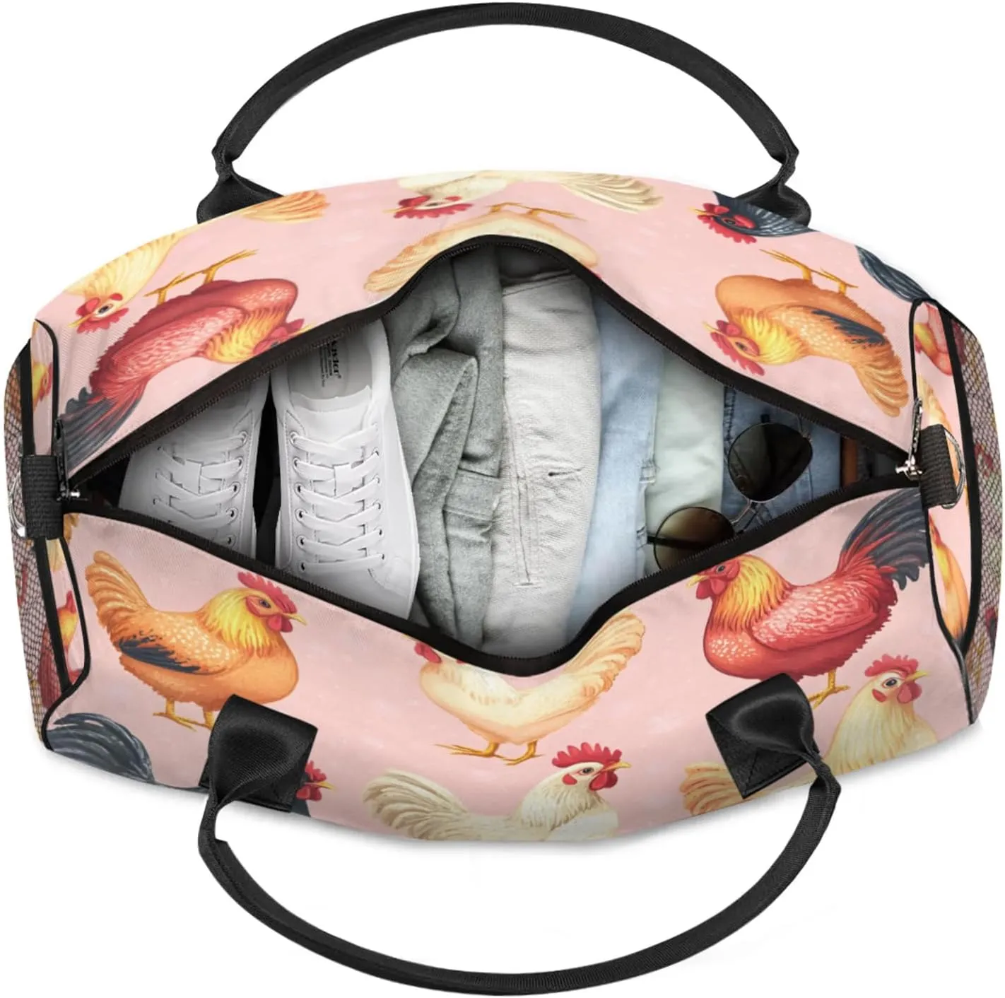 Personalized Farm Chicken Travel Duffel Bag with Name, Custom Gym Sport Bag Farmhouse Animal Carry On Weekend Overnight Duffel Bag for Men Women