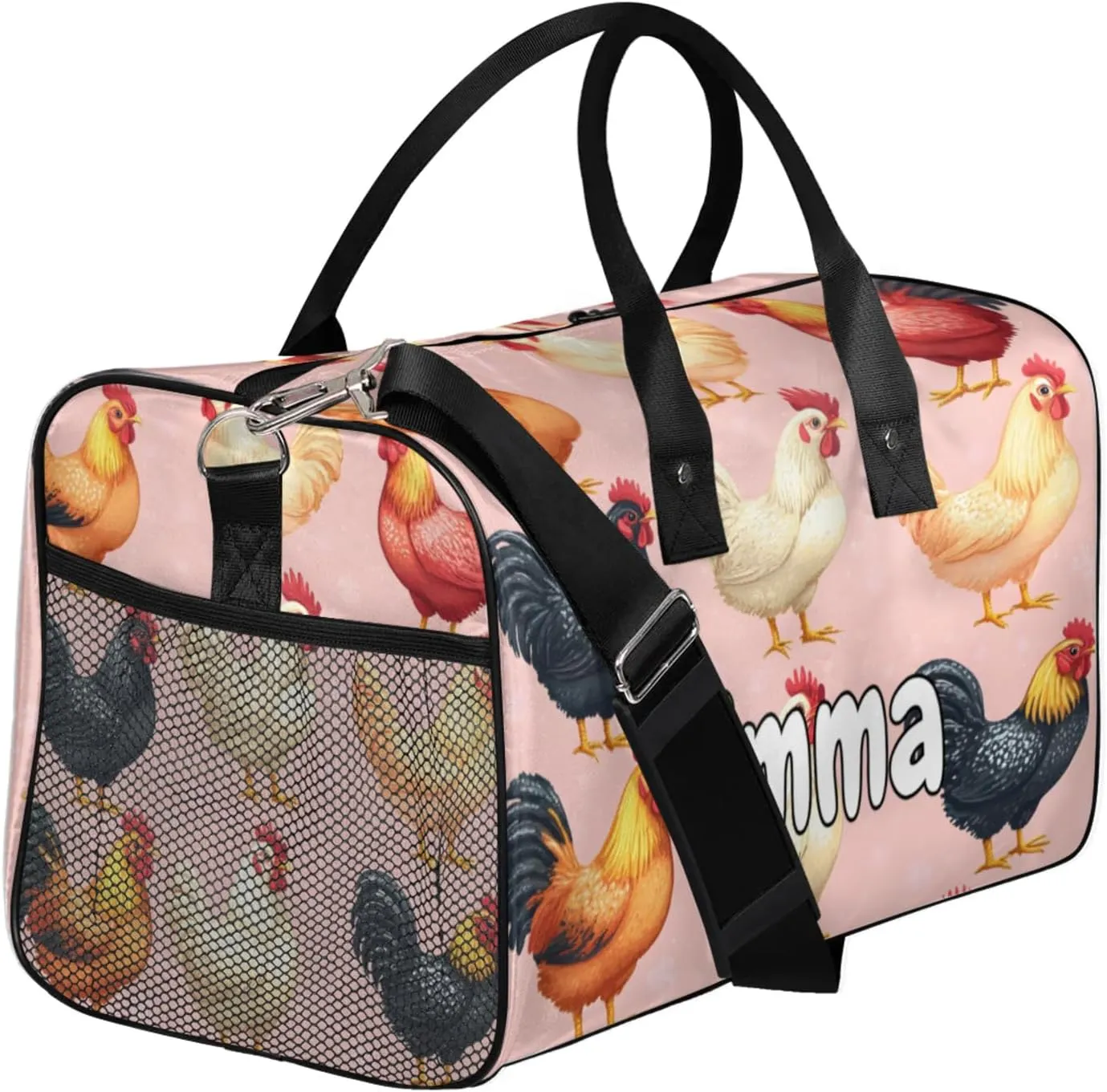 Personalized Farm Chicken Travel Duffel Bag with Name, Custom Gym Sport Bag Farmhouse Animal Carry On Weekend Overnight Duffel Bag for Men Women