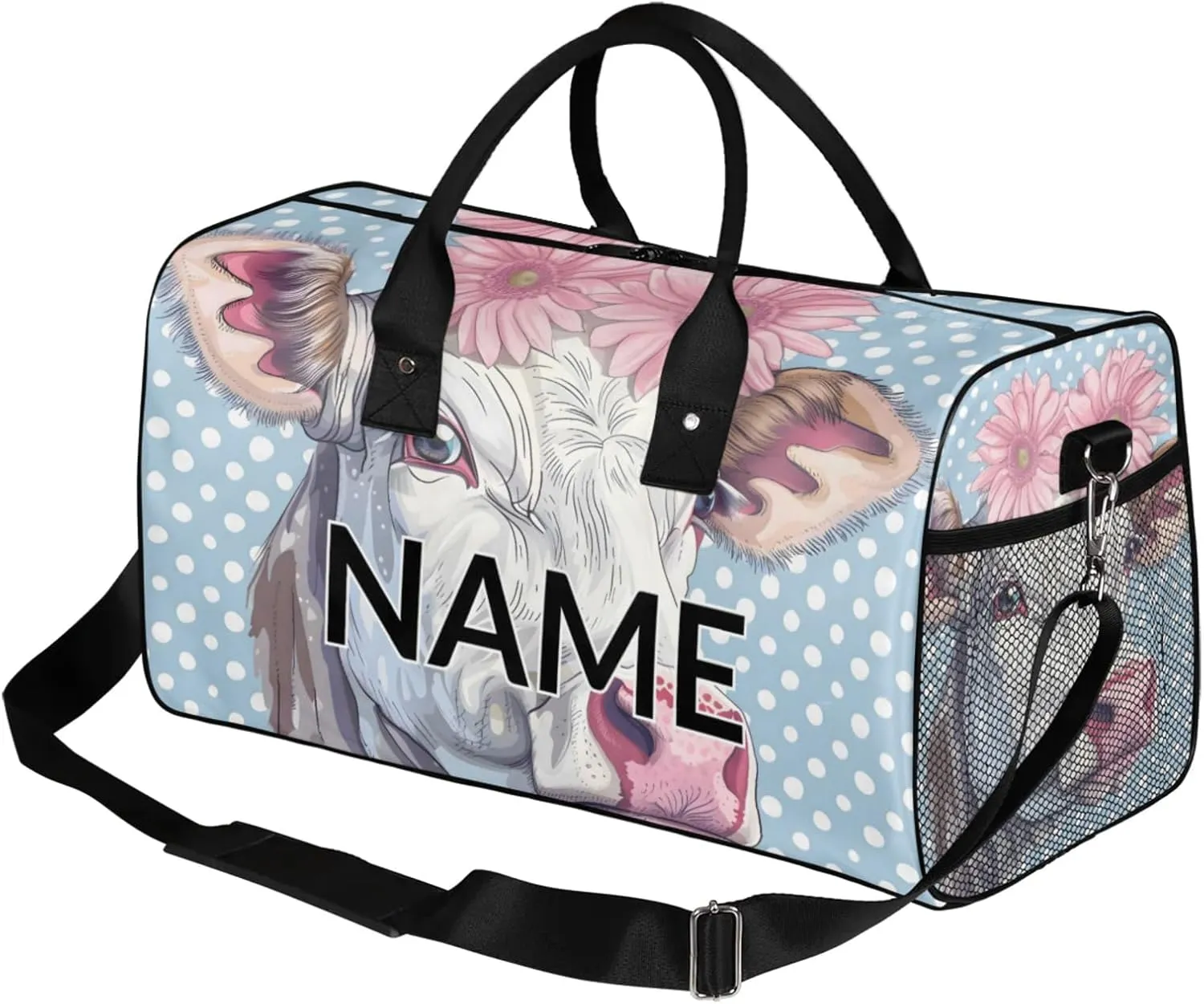 Personalized Farmhouse Cute Cow Travel Duffel Bag with Name, Custom Gym Sport Bag Pink Daisy Carry On Weekend Overnight Duffel Bag for Men Women