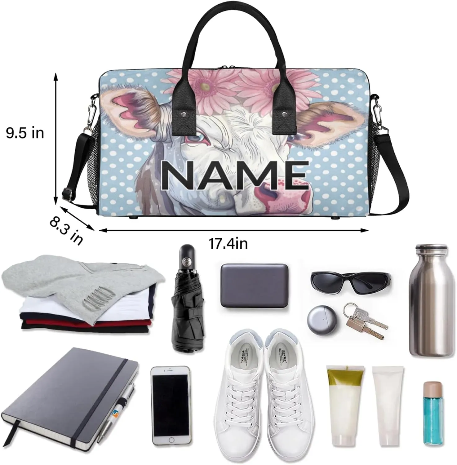 Personalized Farmhouse Cute Cow Travel Duffel Bag with Name, Custom Gym Sport Bag Pink Daisy Carry On Weekend Overnight Duffel Bag for Men Women