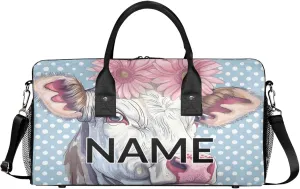 Personalized Farmhouse Cute Cow Travel Duffel Bag with Name, Custom Gym Sport Bag Pink Daisy Carry On Weekend Overnight Duffel Bag for Men Women