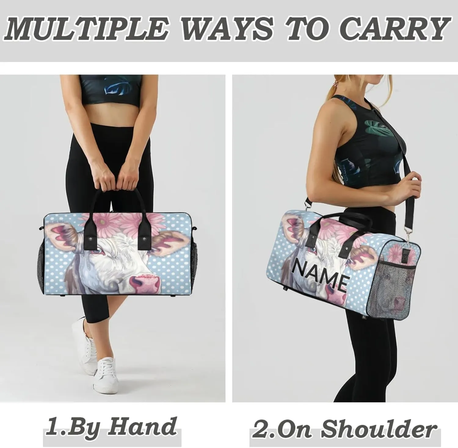Personalized Farmhouse Cute Cow Travel Duffel Bag with Name, Custom Gym Sport Bag Pink Daisy Carry On Weekend Overnight Duffel Bag for Men Women