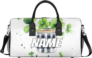 Personalized Four Leaved Clover Travel Duffel Bag with Name, Custom Gym Sport Bag Lucky Plant Carry On Weekend Overnight Duffel Bag for Men Women