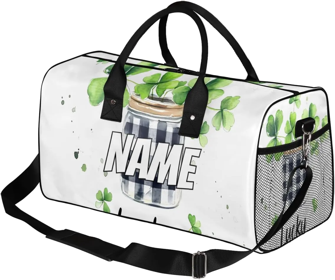 Personalized Four Leaved Clover Travel Duffel Bag with Name, Custom Gym Sport Bag Lucky Plant Carry On Weekend Overnight Duffel Bag for Men Women