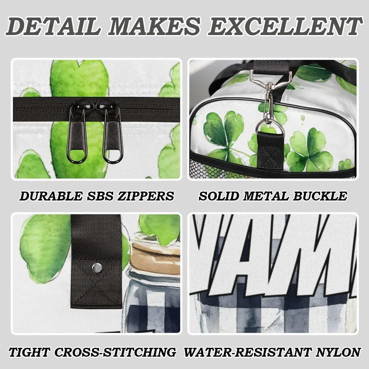 Personalized Four Leaved Clover Travel Duffel Bag with Name, Custom Gym Sport Bag Lucky Plant Carry On Weekend Overnight Duffel Bag for Men Women