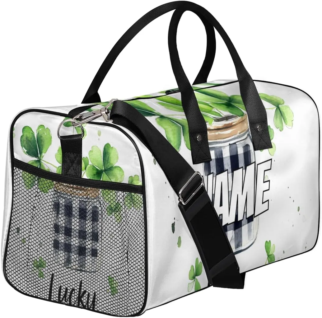 Personalized Four Leaved Clover Travel Duffel Bag with Name, Custom Gym Sport Bag Lucky Plant Carry On Weekend Overnight Duffel Bag for Men Women