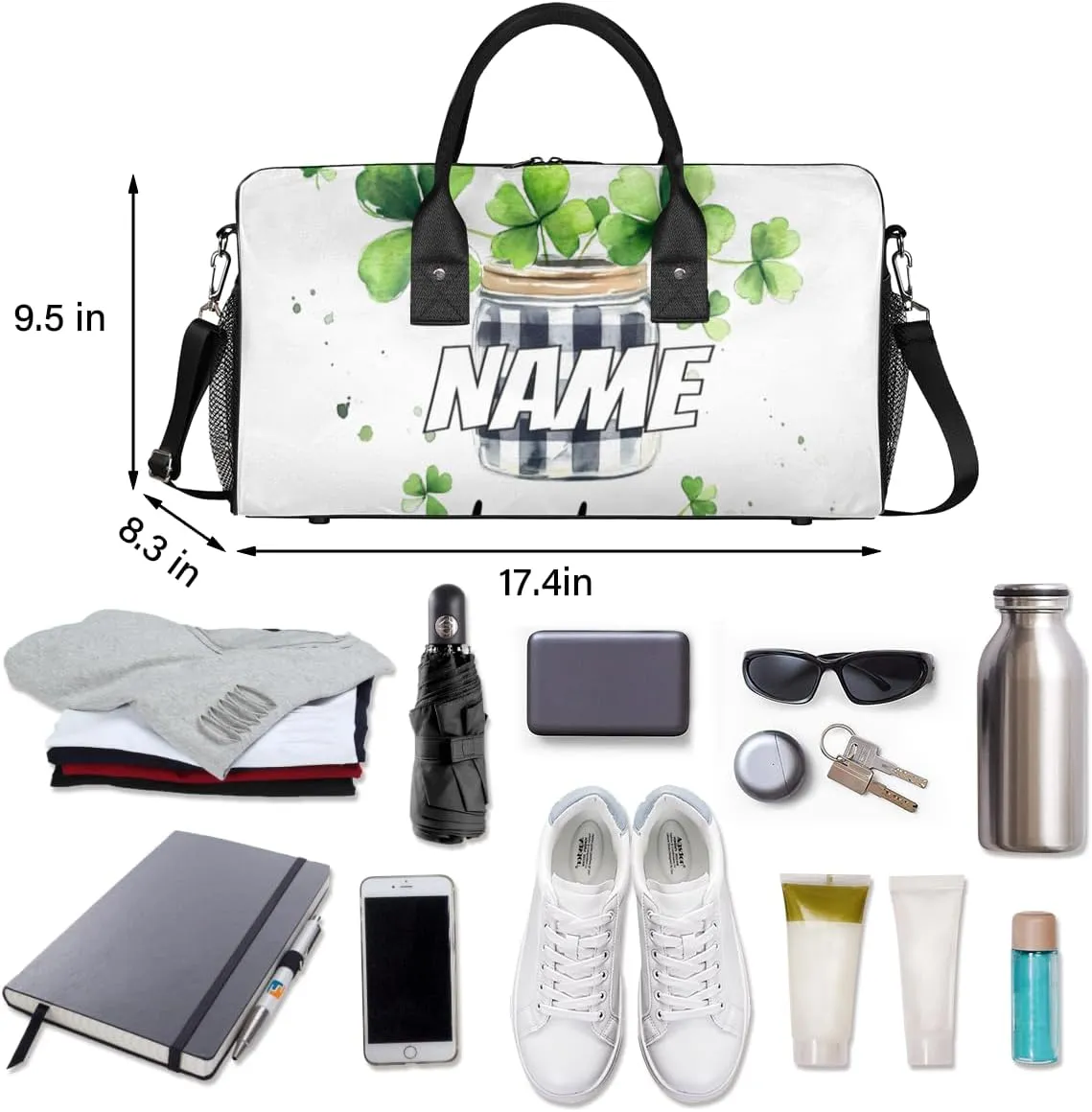 Personalized Four Leaved Clover Travel Duffel Bag with Name, Custom Gym Sport Bag Lucky Plant Carry On Weekend Overnight Duffel Bag for Men Women