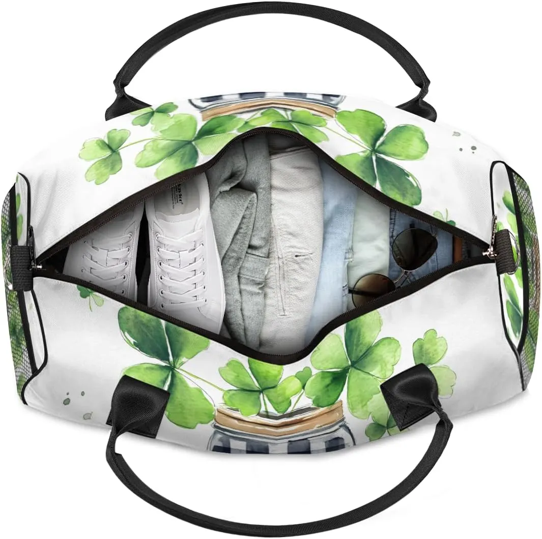 Personalized Four Leaved Clover Travel Duffel Bag with Name, Custom Gym Sport Bag Lucky Plant Carry On Weekend Overnight Duffel Bag for Men Women