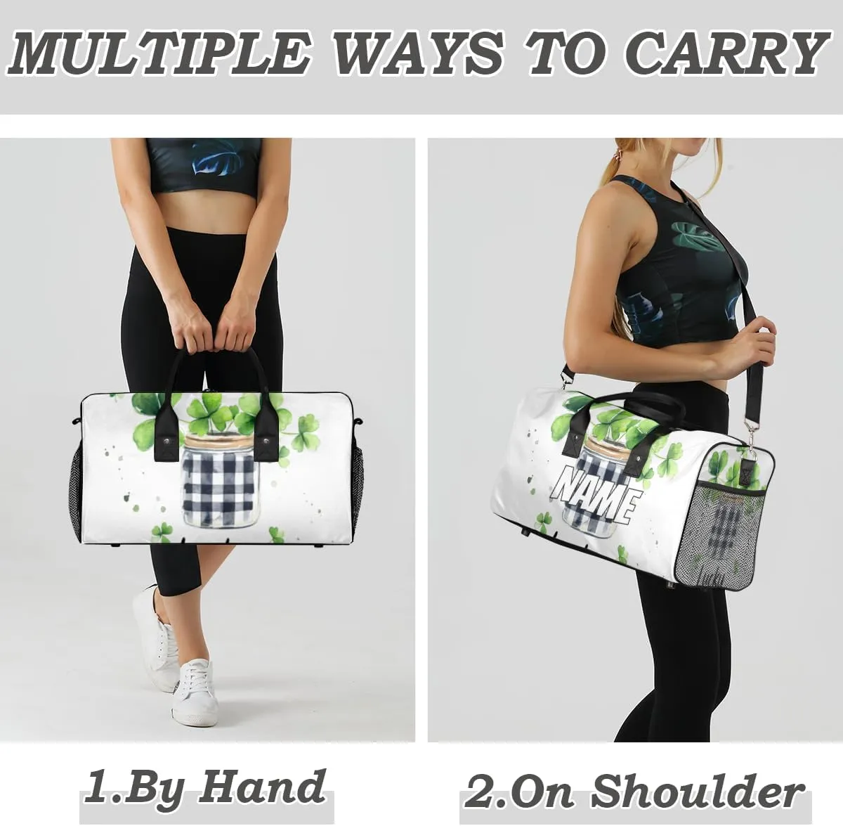 Personalized Four Leaved Clover Travel Duffel Bag with Name, Custom Gym Sport Bag Lucky Plant Carry On Weekend Overnight Duffel Bag for Men Women