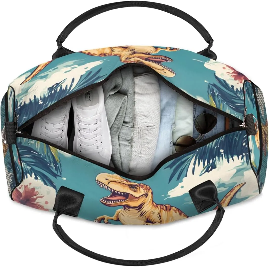 Personalized Funny Dinosaur Travel Duffel Bag with Name, Custom Gym Sport Bag Hawaii Surfing Carry On Weekend Overnight Duffel Bag for Men Women