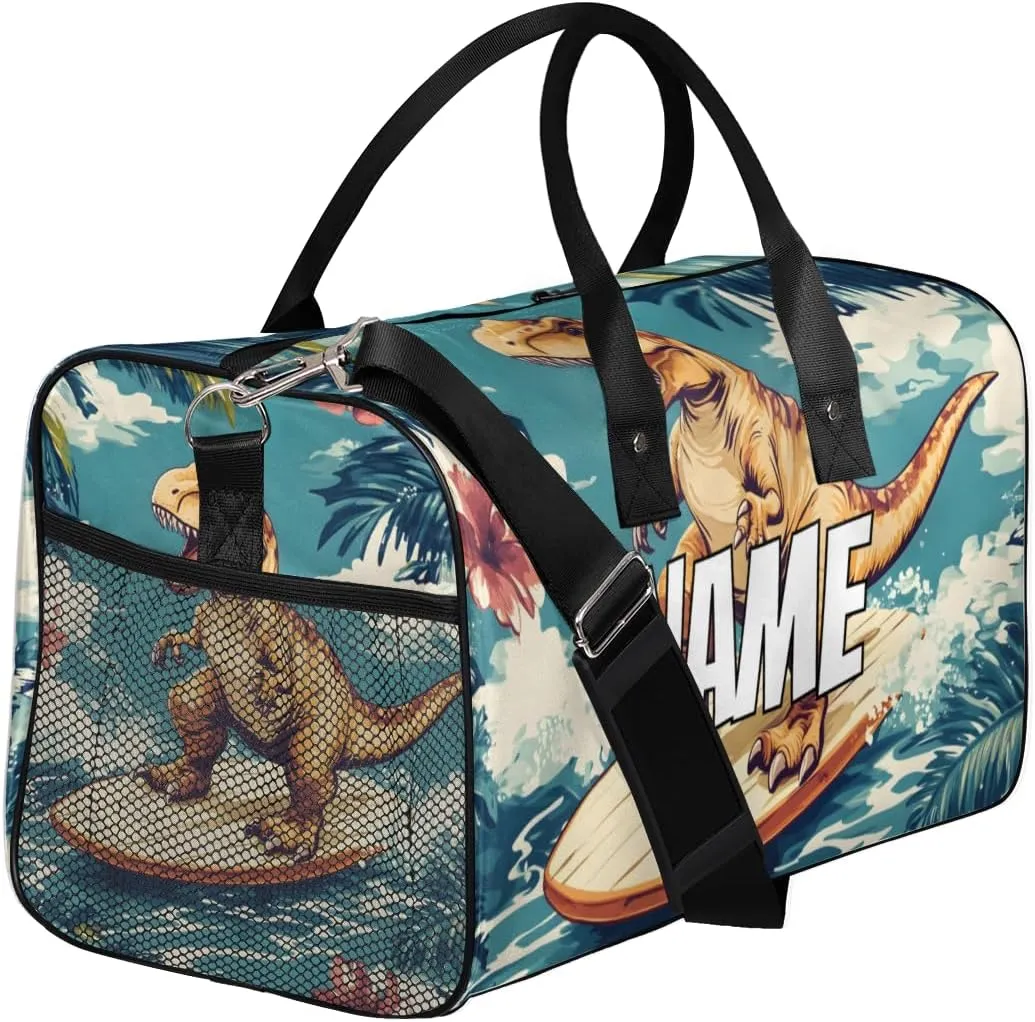 Personalized Funny Dinosaur Travel Duffel Bag with Name, Custom Gym Sport Bag Hawaii Surfing Carry On Weekend Overnight Duffel Bag for Men Women