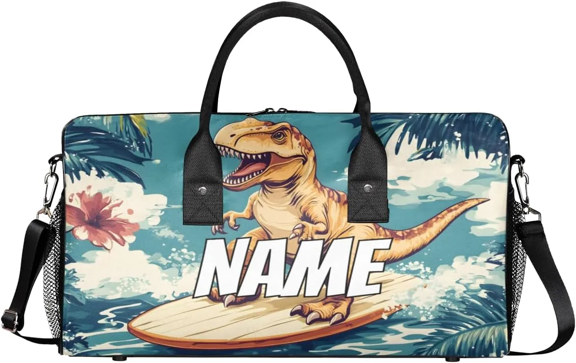 Personalized Funny Dinosaur Travel Duffel Bag with Name, Custom Gym Sport Bag Hawaii Surfing Carry On Weekend Overnight Duffel Bag for Men Women