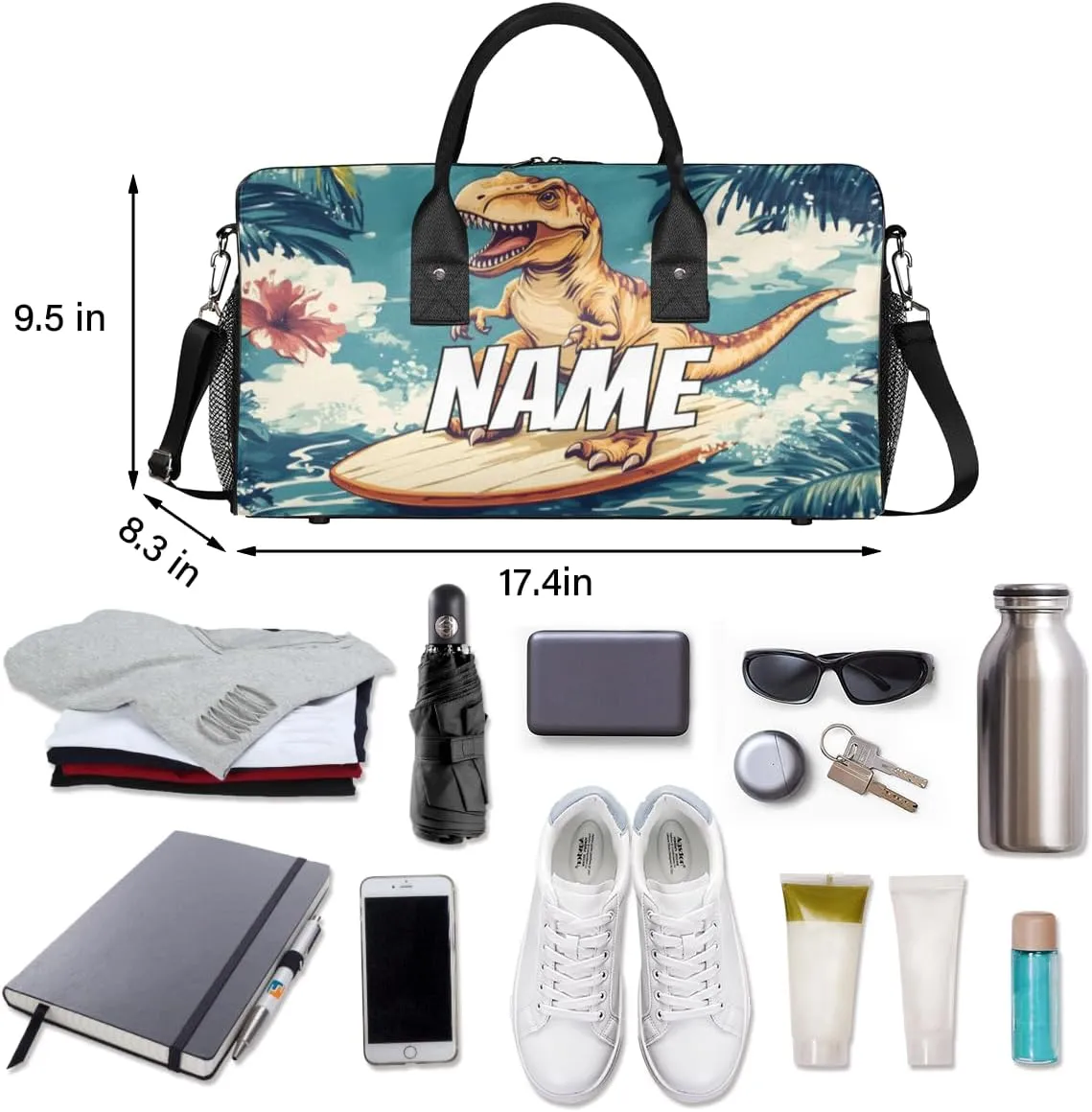 Personalized Funny Dinosaur Travel Duffel Bag with Name, Custom Gym Sport Bag Hawaii Surfing Carry On Weekend Overnight Duffel Bag for Men Women