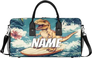 Personalized Funny Dinosaur Travel Duffel Bag with Name, Custom Gym Sport Bag Hawaii Surfing Carry On Weekend Overnight Duffel Bag for Men Women