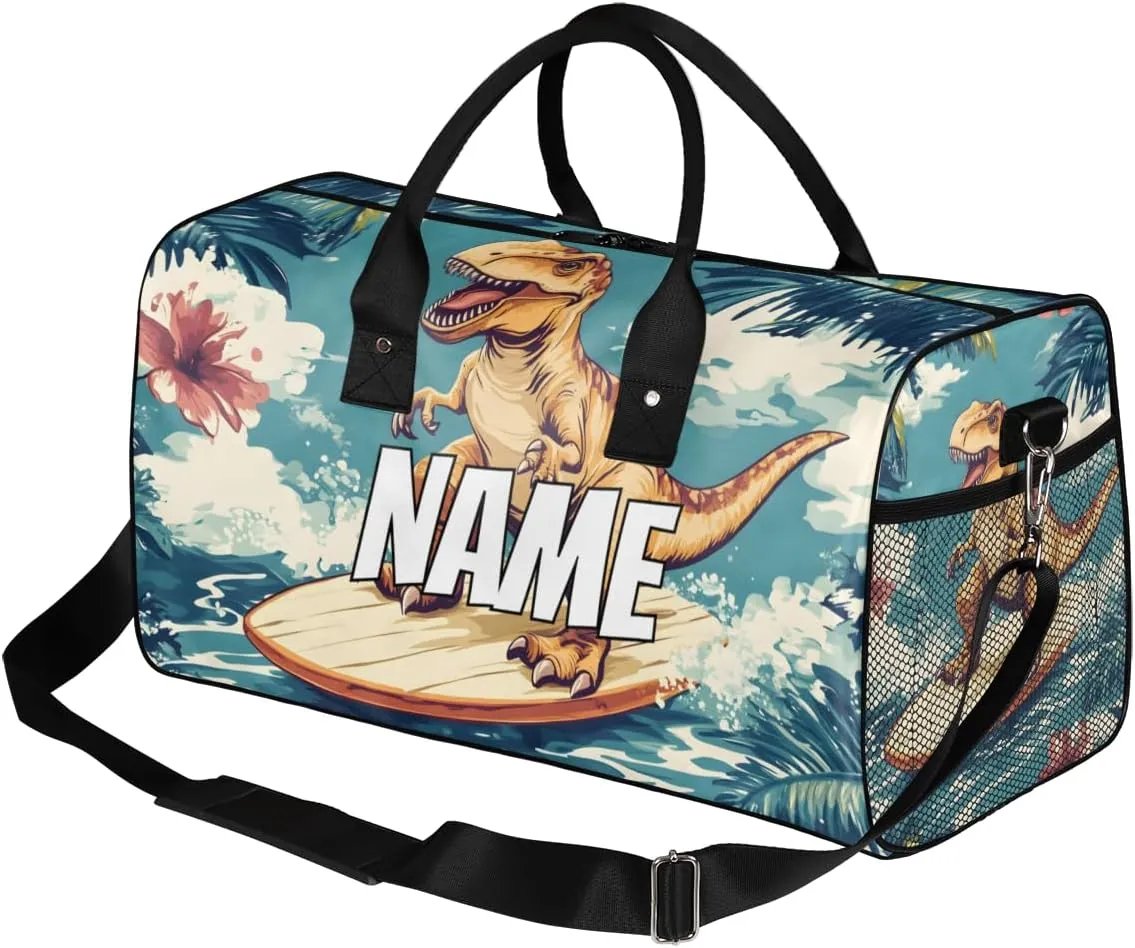 Personalized Funny Dinosaur Travel Duffel Bag with Name, Custom Gym Sport Bag Hawaii Surfing Carry On Weekend Overnight Duffel Bag for Men Women