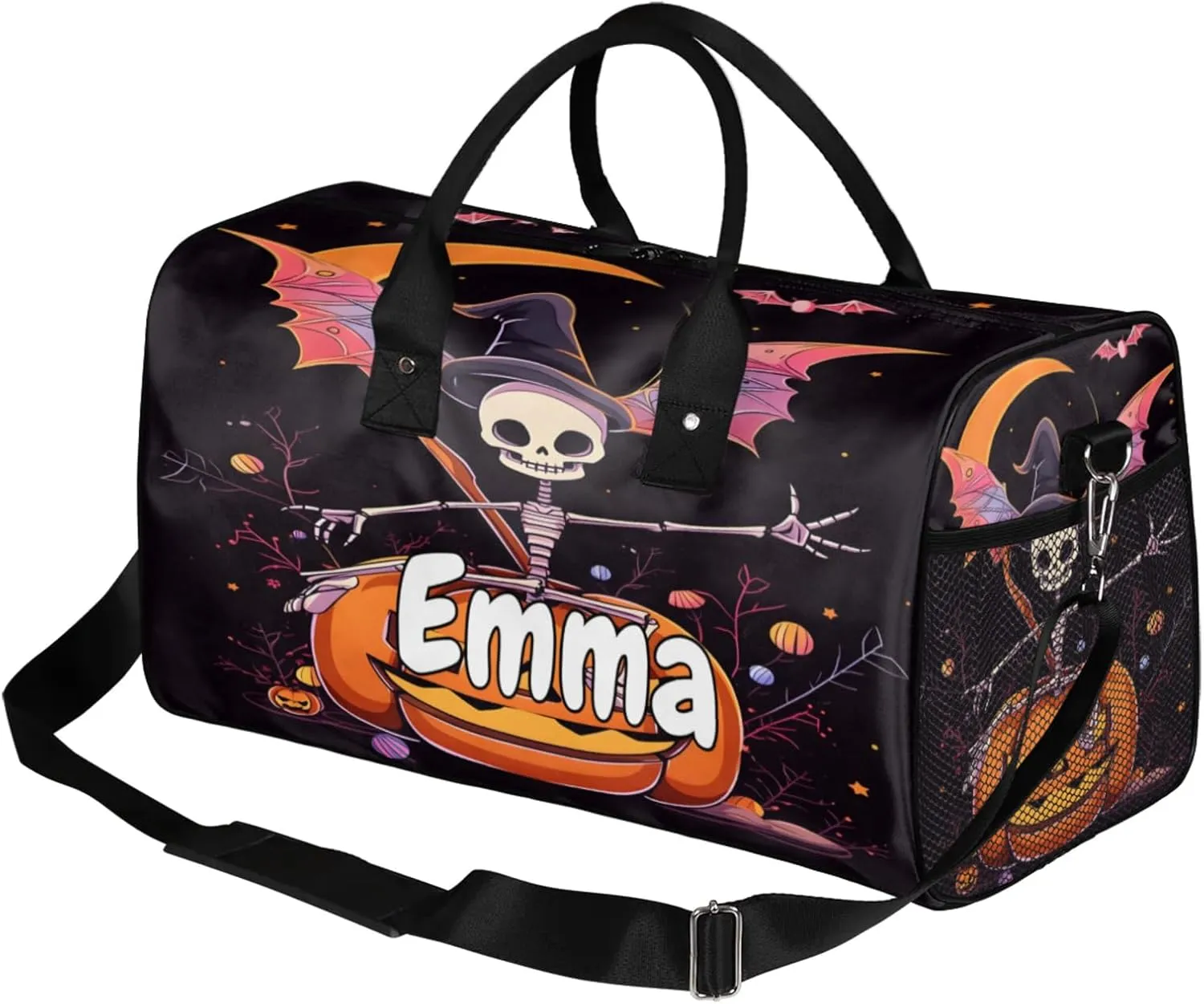 Personalized Funny Pumpkin Travel Duffel Bag with Name, Custom Gym Sport Bag Black Gothic Carry On Weekend Overnight Duffel Bag for Men Women