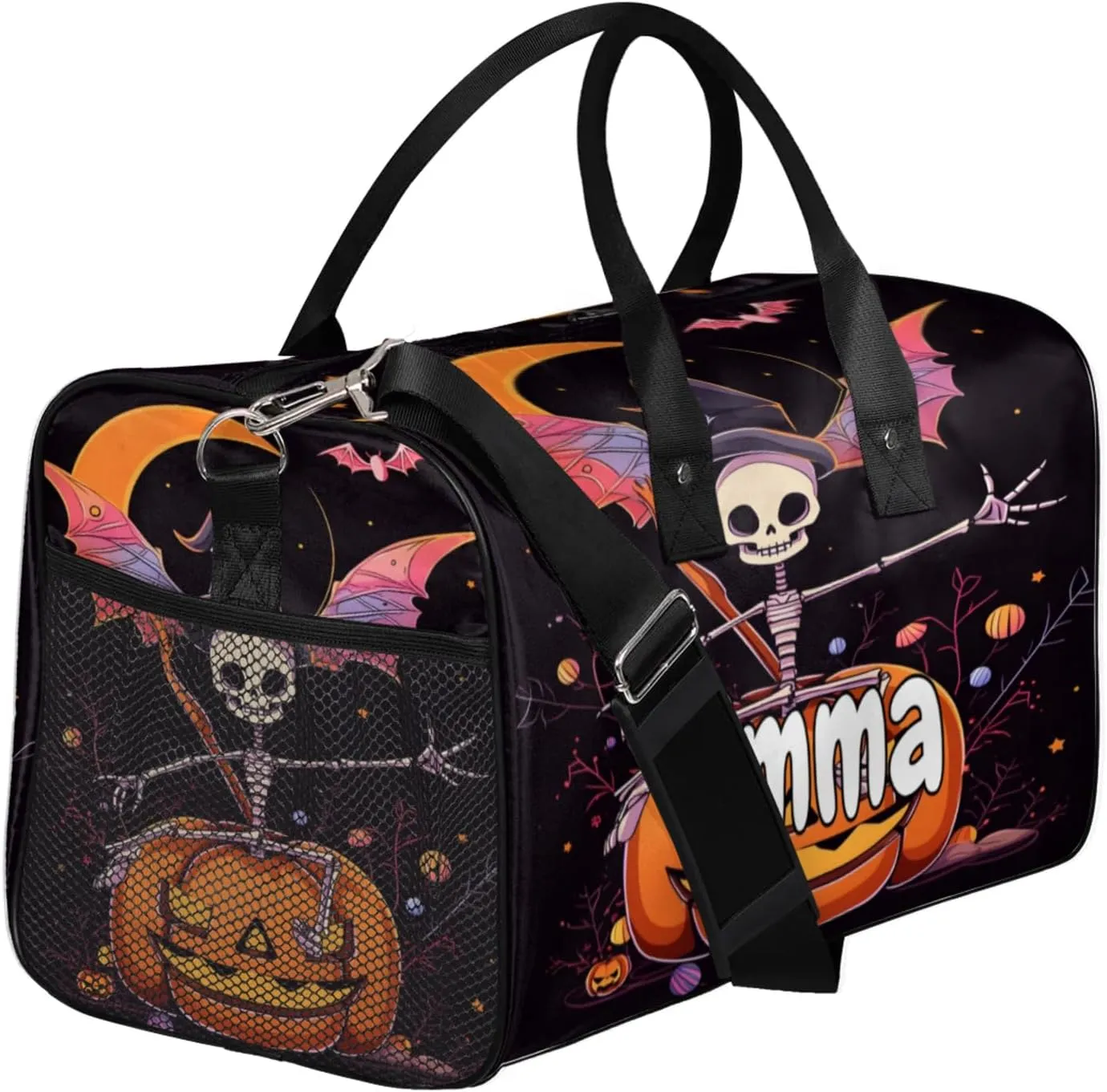 Personalized Funny Pumpkin Travel Duffel Bag with Name, Custom Gym Sport Bag Black Gothic Carry On Weekend Overnight Duffel Bag for Men Women