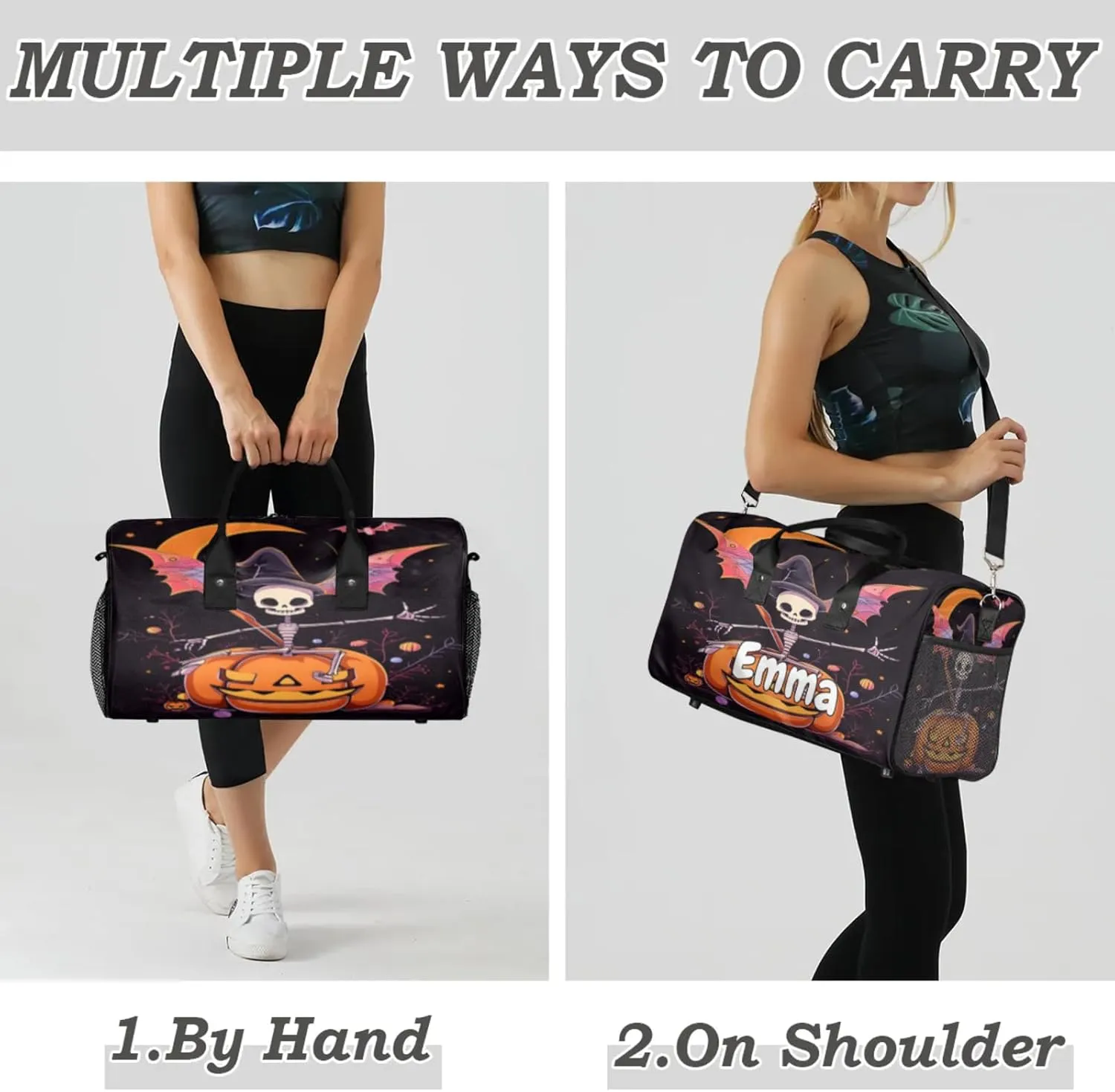 Personalized Funny Pumpkin Travel Duffel Bag with Name, Custom Gym Sport Bag Black Gothic Carry On Weekend Overnight Duffel Bag for Men Women