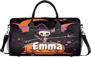 Personalized Funny Pumpkin Travel Duffel Bag with Name, Custom Gym Sport Bag Black Gothic Carry On Weekend Overnight Duffel Bag for Men Women